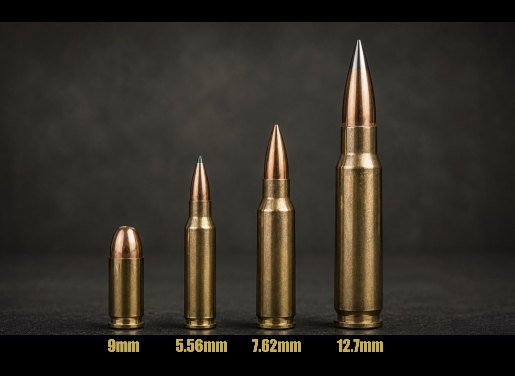 9mm 5.56mm 7.62mm 12.7mm caliber comparison